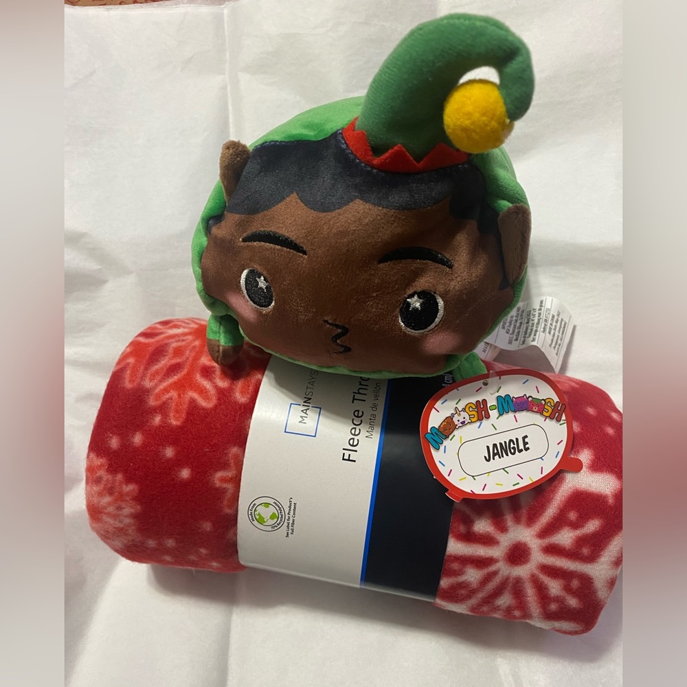 Moosh Moosh Jangle Christmas Elf Pillow and Red Snowflake fleece throw